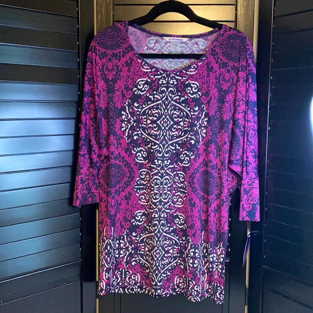 Nygard Navy Scroll Tunic Top Petite M
